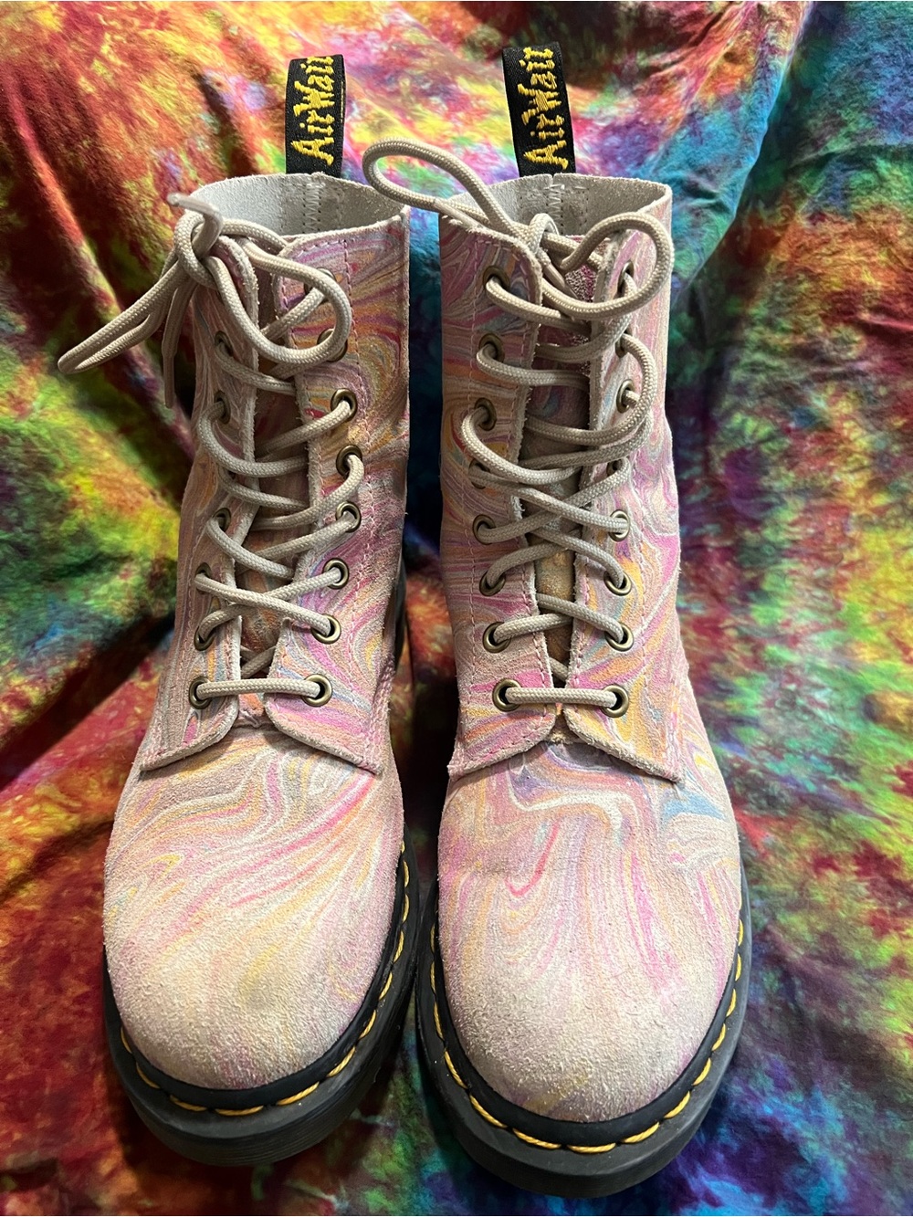 Dr. Martens Pink Marble Suede Lace-Up Boots with Yellow Stitching